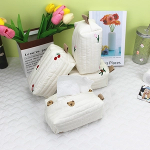 Quilted fabric tissue box holder with cute cherry and bear embroidery for home decor