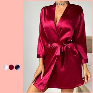 Women Imitation Satin Robe Long Sleeve Satin Nightgown V Neck Belted Elegant Sleepwear Loungewear Bathrobe Satiny