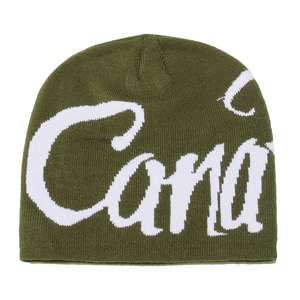 Detailed macro view of military green ribbed knit beanie with white letter jacquard pattern