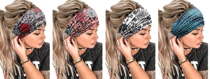 Detail view of bohemian wide headbands in leopard, floral, and paisley prints for women