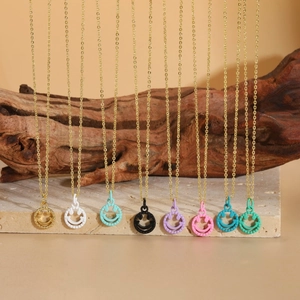 Smiling face pendant necklace set in eight vibrant candy colors with gold chain links