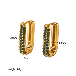 Gold U-shaped stainless steel earrings with green crystals, size 20x13mm, weight 5.0g