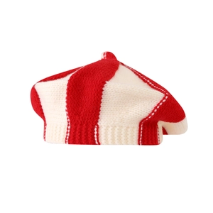 Stylish red and white striped knit beret for babies, fashionable winter pumpkin hat