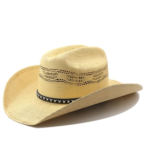 Classic beige woven straw cowboy hat with ventilated crown and stylish patterned band