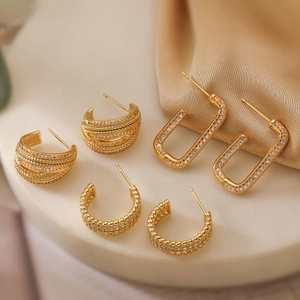 Geometric C-Shape Hoop Earrings Gold Plated Copper Micro Paved Zircon Textured Multi Layered Design Jewelry For Women