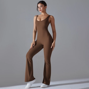 Detail view of the brown flared leg jumpsuit with U-neck design for fitness yoga