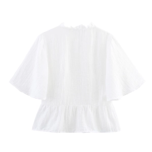 White flutter sleeve blouse with lace trim and textured fabric in sweet doll style