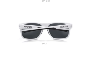 Detail view of KDEAM polarized sunglasses showing white frame and 45-degree back structure