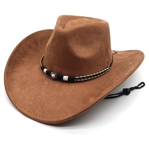 Classic brown suede western cowboy hat with woven decorative band and adjustable wind rope