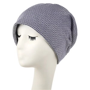 Blue and white plaid knit beanie hat for women featuring a soft textured crochet pattern