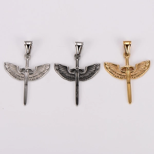 Set of vintage stainless steel angel wing sword necklaces in silver, gold and black finish