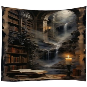 Detailed view of fantasy library tapestry with waterfall, bookshelves and magic candles