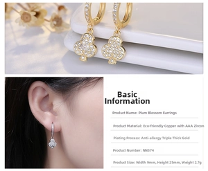 Close-up of gold clover earrings with AAA zircons and hypoallergenic plating details