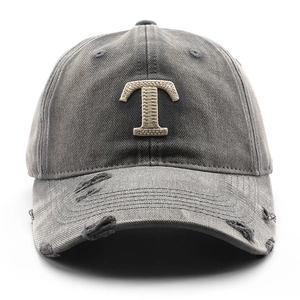 Vintage washed dark grey cotton baseball cap with embroidered T and distressed brim