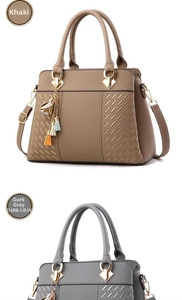 Business casual tote bags in khaki and dark gray with embossed texture and tassel charms