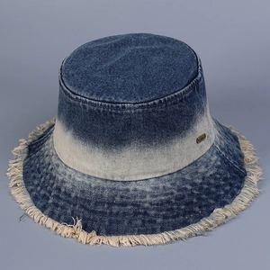 Ombre Denim Bucket Hat Frayed Edge Fringe Sun Protection Outdoor Retro Casual Fisherman Cap Adjustable