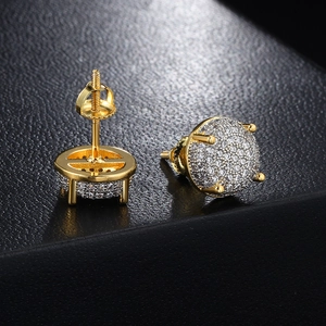 Hip Hop Iced Out Round Dome Stud Earrings For Men Women Copper Zirconia Pave Rhinestone Earrings Screw Back Fashion Jewelry
