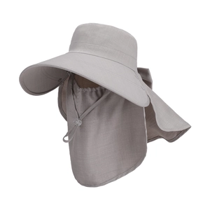 Grey wide brim sun hat with neck flap and face cover for outdoor UV protection