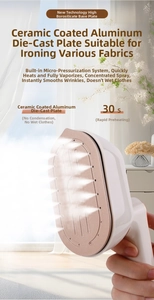 Macro shot of ceramic coated soleplate with powerful steam from portable garment steamer