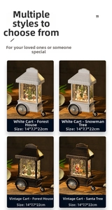 Detailed views of Christmas snow globe lanterns in various styles and antique finishes