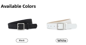 Detail of minimalist matte square buckle and textured PU leather belt in black and white