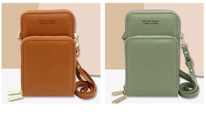 Brown and light green PU leather crossbody phone bags with double zipper compartments