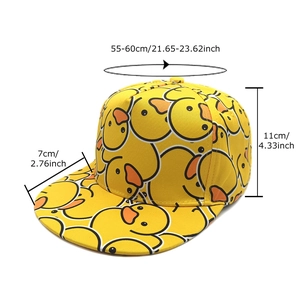 Flat brim baseball cap featuring cute yellow duck patterns and breathable cotton fabric