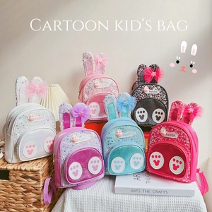 Kids Backpack Sequin PU Leather Cartoon Rabbit Ear Bow Cute Mini Schoolbag For Girls Casual Daypack