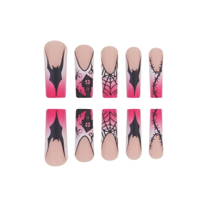 Halloween gradient press-on nails with black bat, spider web and castle designs