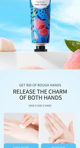 Detail van perzik handcrème tube met hydraterende textuur en natuurlijke perzikextracten