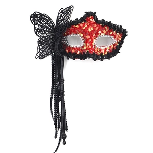 Red and black sequin masquerade mask with lace butterfly and elegant hand-held stick