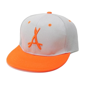Detail of grey snapback cap with orange brim and 3D embroidered letter A on a white background