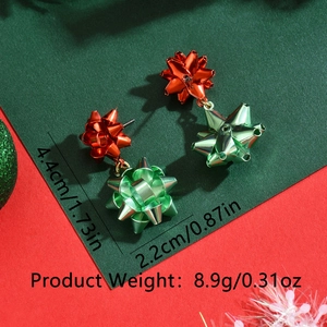 Christmas bow drop earrings in red and green alloy, size 4.4cm by 2.2cm
