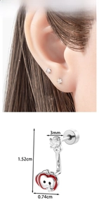 Detail of red enamel apple earring with crystal stud shown on ear and with dimensions