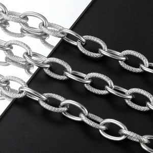 Silver stainless steel oval link chain with alternating polished and mesh textured pattern