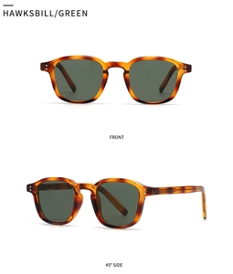 Vista frontal y lateral de 45 grados de gafas de sol cuadradas de carey con lentes verdes