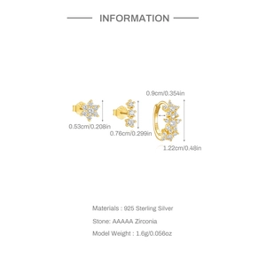 Detailed dimensions of s925 silver earring set with zirconia stones on white background