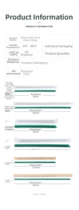 Size chart for dark green disposable straws showing diameters and lengths in detail