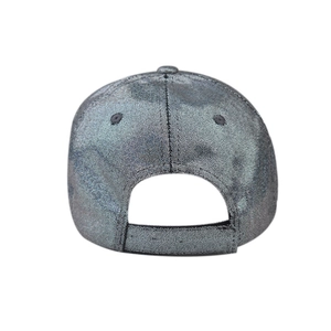 Detail of glitter texture and adjustable velcro strap on silver PU baseball cap back