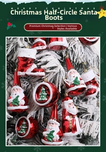 Detail of Santa, red boots, and snowflake ball ornaments hanging on a snowy Christmas tree