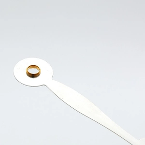 Polished silver metal quartz clock needle with gold copper sleeve on grey background