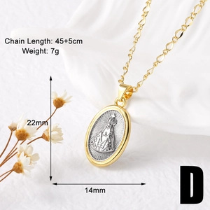 Detailed size view of two-tone Virgin Mary pendant in 18k gold plated finish