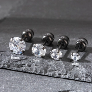 Black stainless steel stud earrings with zircon in 6mm, 5mm, 4mm, and 3mm sizes