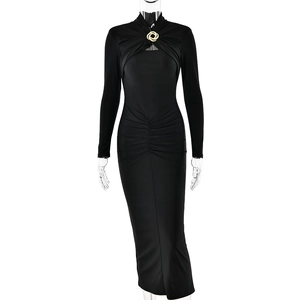 Elegant black long sleeve slim fit dress with golden twist buckle and ruched detail