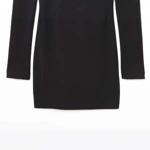 Women's black long sleeve bodycon mini dress featuring elegant ruched neckline detail