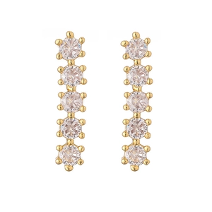 Detailed close-up of golden earrings featuring five sparkling round-cut cubic zirconia gems