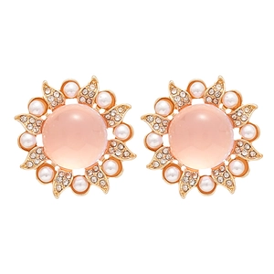 Vintage resin sunflower stud earrings with pearls and crystals in pale pink and gold