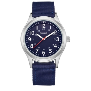Men's minimalist quartz watch with dark blue nylon strap and silver case on white background