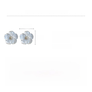 Detail view of flower earrings showing copper fritillary and pearl material specifications