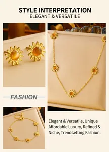 Detail of sunflower jewelry set with tiger eye stones in gold stainless steel finish